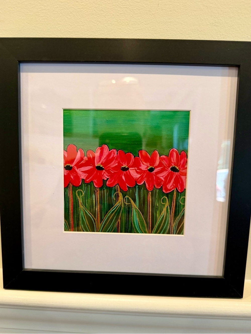 Framed Floral Art Print - Red Poppies on Green